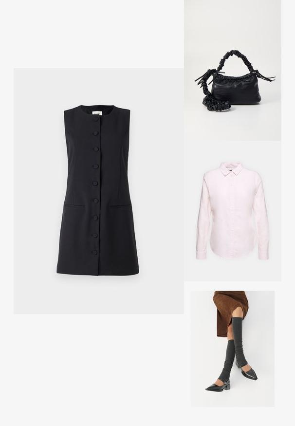 Crna haljina bez rukava, uskog kroja, do koljena, s okruglim izrezom, prednjim dugmadi i dva bočna džepa.; Svijetloružičasta košulja dugih rukava s izrezom za dugmad, s ravnim rubom i mekanom teksturom, izrađena od lagane pamučne tkanine.; Crne lakirane cipele s šiljastim prstima, blok-petom i remenom oko gležnja, uparene s sivim rebrastim čarapama do koljena i smešnom suknjom od antilopa.; Crna torba od umjetne kože s teksturom krokodila, s cinčanim vrhom i naboranom trakom. Izgleda mekano i kompaktno u dizajnu.