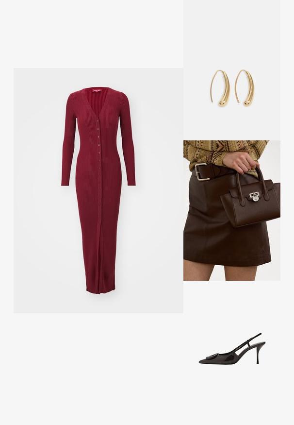 STAUD MAXI SHOKO - Strickkleid - syrah; Schwarzer Lackleder-Slingback-Schuh mit spitzem Zehenbereich, minimalistischem Design, kleinem kreisförmigem Akzent auf dem Schuhoberteil und schlankem Absatz.; Braune Lederhandtasche mit strukturiertem Finish und silbernen Beschlägen, gehalten mit einer Hand neben einem braunen Lederrock und einem gemusterten Pullover.; Goldfarbene Metall-Hoops mit einer geschwungenen, länglichen Form. Sie verfügen über eine glatte, glänzende Oberfläche und eine abgerundete Spitze für zusätzliche Details.