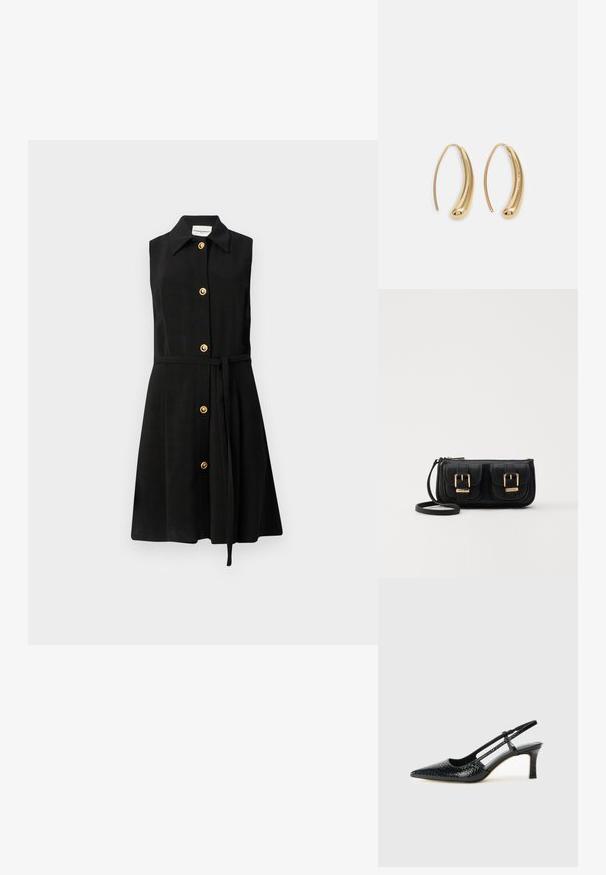Czarna sukienka bez rękawów z kołnierzykowym dekoltem, złotymi guzikami zdobionymi na przodzie oraz tkaninowym paskiem w talii. Gładka tekstura i kształt w literę A.; Czarne lakierowane czółenka na obcasie typu slingback z wąskim noskiem, z teksturowanym wzorem wężowym, regulowanym paskiem oraz krótkim, teksturowanym obcasem w kształcie słupka.; Czarna skórzana torba na ramię z dwoma przednimi kieszeniami, złotymi klamrami, zamkiem błyskawicznym i cienkim paskiem. Teksturowana powierzchnia i kompaktowy prostokątny kształt.; Złote metalowe kolczyki w kształcie obręczy o zakrzywionym, wydłużonym kształcie. Posiadają gładką, błyszczącą powierzchnię oraz zaokrąglony koniec dla dodatkowego efektu.