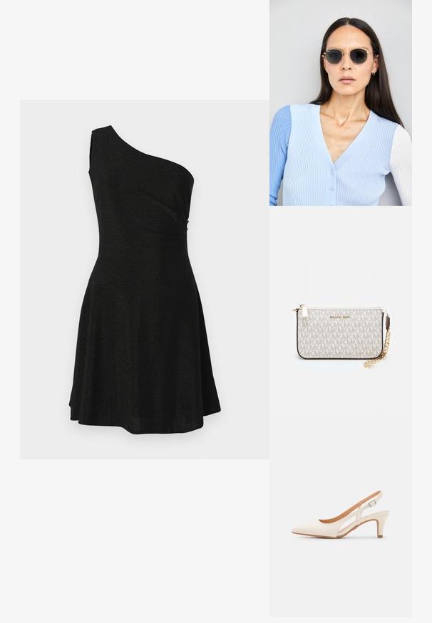 Fekete, egyvállas ruha, amely könnyű, sima szövetből készült; a testhez simuló felsőrész ívelt szoknyába torkollik, lágy redőzéssel.; Fehér slingback sarok, hegyes orral, sima felső anyaggal, alacsony blokk sarkával és oldalsó kivágott dizájnnal, állítható csatpánttal.; Kerek napszemüveg sötét lencsékkel és arany kerettel. A modellen világoskék, bordázott kardigán van gombokkal és kontrasztos fehér ujjaival.; Michael Kors bézs bevonatos vászon karkötő, amely ismétlődő MK logó mintával, aranyszínű fémrészletekkel és levehető lánchordóval rendelkezik.