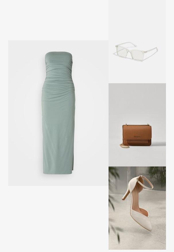 Maksi obleka brez naramnic iz mehkega zelene tkanine z naborki, prilegajoč dizajn, stranski razporek in silhueto do gležnjev.; Bele visoke petne čevlje iz gladkega materiala s koničastim nosom in gležnjenim trakom. Imajo svetlo tan notranjost in zlat ton dodatkov.; Prozorne kvadratne plastične očala s prozornimi lečami, ki imajo zlato dekoracijo na ročajih za dodaten pridih podrobnosti.; Rjava teksturirana usnjena torba čez ramo z zlatim verižnim trakom in zapiranjem na pokrov. Spredaj je vidna podrobnost logotipa in žep pod pokrovom.