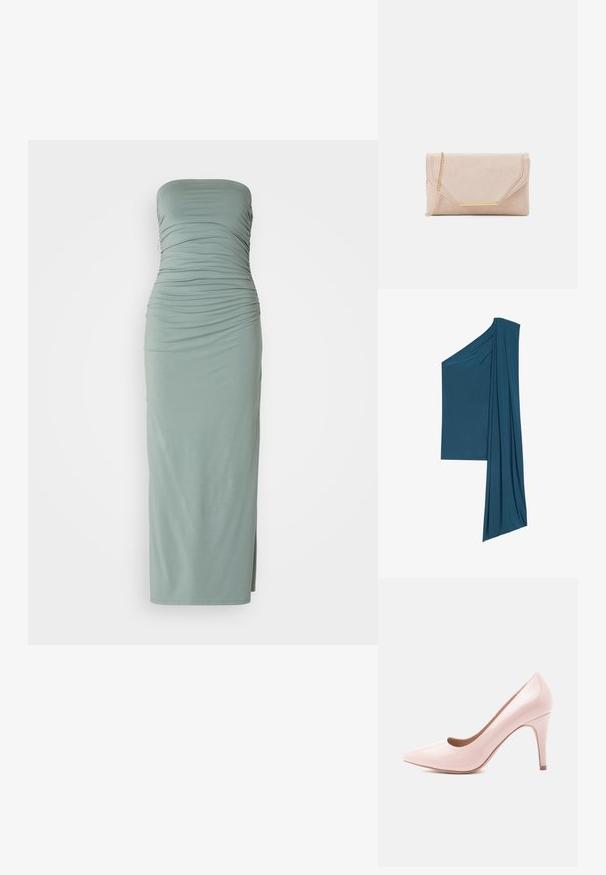 Maksi obleka brez naramnic iz mehkega zelene tkanine z naborki, prilegajoč dizajn, stranski razporek in silhueto do gležnjev.; Asimetrična teal majica narejena iz mehkega, lahkotnega materiala. Ima drapirane detajle na eni strani in ravno rob na drugi strani.; Roza patentna usnjena visoka petka s ostrim nosom in elegantno silhueto, ki ima 10-centimetrsko stiletto peto in gladko površino.; Bež mul svinčnik s zlatim verižnim ročajem in pravokotnim okrasnim detajlom. Ima preklopni pokrov z naklonskimi robovi in podrobnostmi šivanja.