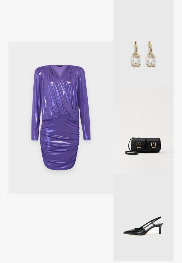 Violet palaidinė su ilgomis rankovėmis, blizgiu paviršiumi ir suraitymu juosmens ir sijono srityse, suteikianti prigludusią siluetą.; Juodai lakuoti slingback aukštakulniai su smailiu nosiu, su tekstūruotu gyvatės raštu, reguliuojama juosta ir trumpu, tekstūruotu blokiniu kulnu.; Juodas odinis per petį nešiojamas krepšys su dviem priekiniais kišenėmis, auksiniais sagtimis, užtrauktuko uždarymu ir siauromis petnešomis. Textūruota paviršius ir kompaktiškas stačiakampis formatas.; Auksinės spalvos auskarai, kuriuose yra stačiakampis, skaidrus kristalas, kabantis po eile mažų, apvalių skaidrių akcentų. Šiuolaikiškas, modernus dizainas.