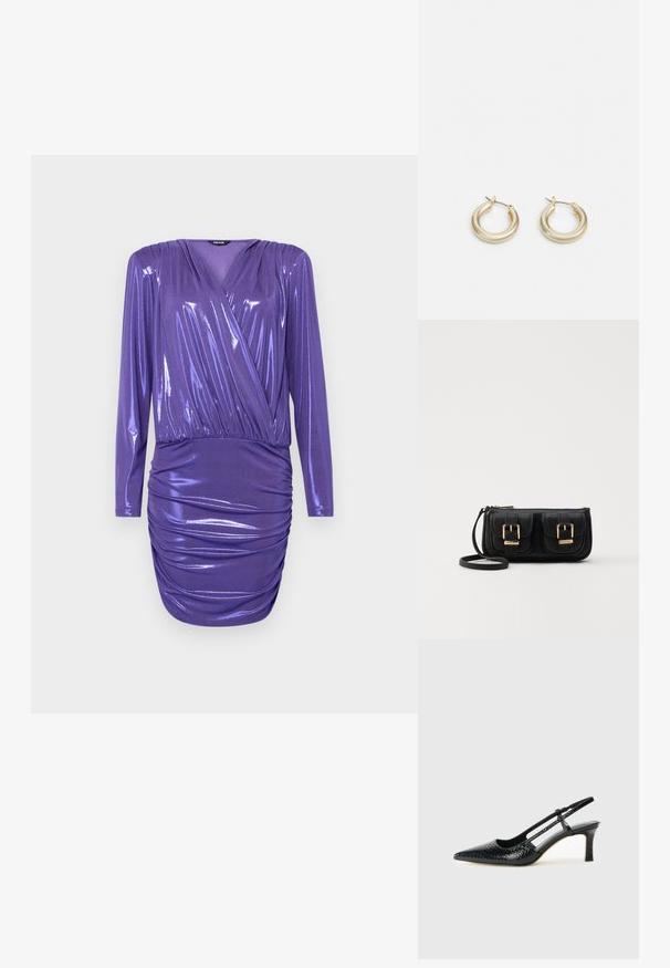 Violet palaidinė su ilgomis rankovėmis, blizgiu paviršiumi ir suraitymu juosmens ir sijono srityse, suteikianti prigludusią siluetą.; Juodai lakuoti slingback aukštakulniai su smailiu nosiu, su tekstūruotu gyvatės raštu, reguliuojama juosta ir trumpu, tekstūruotu blokiniu kulnu.; Juodas odinis per petį nešiojamas krepšys su dviem priekiniais kišenėmis, auksiniais sagtimis, užtrauktuko uždarymu ir siauromis petnešomis. Textūruota paviršius ir kompaktiškas stačiakampis formatas.; Lauren Ralph Lauren BASIC SMALL HOOP - Auskarai - gold-coloured