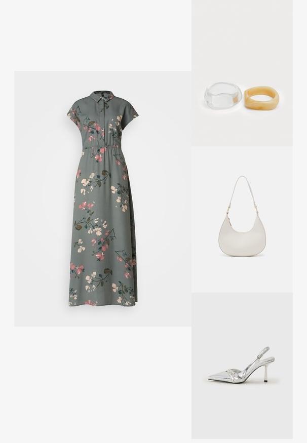 Vestido maxi em tecido verde com padrões florais em tons de rosa e creme, com colarinho e mangas curtas. Detalhe de cintura elástica.; Sapato de salto alto slingback prateado com bico fino, acabamento metálico, duas correias decorativas e um salto esbelto com ponta preta.; Saco de ombro em pele creme com formato de crescente, alça fina e detalhe de costura subtil. Design minimalista com acabamentos em metal dourado.; Anéis de resina clara e âmbar, um liso e transparente, o outro com um acabamento texturizado em âmbar. Ambos apresentam designs arredondados e robustos.