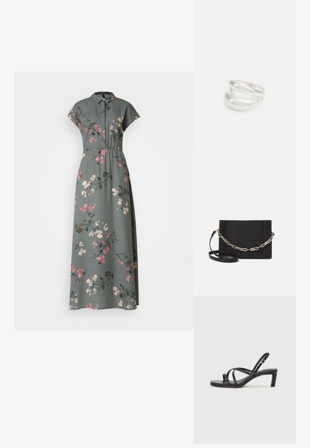 Roheline maksikleit, millel on lillemustrid roosa ja kreemi tooni, krae ja lühikesed varrukad. Elastne vöökoht.; Mustast rihmajalatsid ruudukujulise varba ja madala ploki kontsaga. Omab mitmeid õhukesi rihmasid ja reguleeritavat pahkluu rihma. Valmistatud siledast nahast.; Mustast nahast õlakott, mis omab siledat tekstuuri, ristküliku kuju ning esiküljel metallketi detaili. Reguleeritav rihm on kaasas.; Hõbedane kahekordne rõngas sujuva, poleeritud pinnaga. Omab voolavat, kõverat disaini, millel on kattuvad sektsioonid, et saavutada kaasaegne ilme.