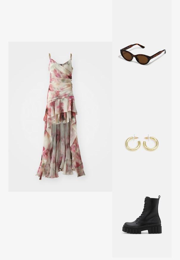 Flödande, blommig maxiklänning med ljusa nyanser av rosa på ett genomskinligt tyg. Har lager av volanger, v-ringning och guld-accenterade band.; Svart läderankel stövel med kraftig, räfflad sula, snörning framtill och en dragrem på slät vit bakgrund.; Bruna sköldpadds-solglasögon med en vintage kattöga-form och bruna linser. Har böjda glasögonarmar med röda accenter.; Guldörhängen i form av ringar med en slät, glänsande yta. Cirkulär design med en liten stötta och genomskinlig bakgrund för säker användning.