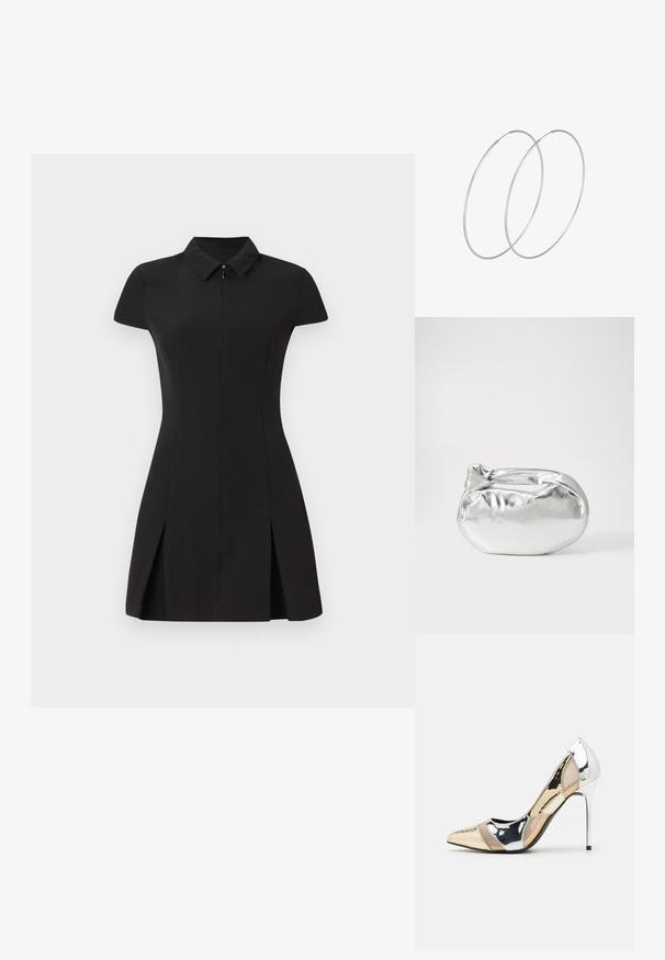Juodas trumpomis rankovėmis su apykakle suknelė, su priekiniais užtrauktukais ir dviem priekiniais skeltukais. Pagaminta iš lygaus, elastingo audinio.; Aštrus pirštas aukštakulnis batelis su sidabro, aukso ir nuogų spalvų deriniu. Blizgus paviršius su išpjovos dizainu, su stiletto kulnu.; Sidabrinė metalinė maišelio forma su švelnia, apvalia forma ir mazgu užveriamu viršumi. Pagaminta iš lygios dirbtinės odos medžiagos.; Sidabrinės pusmėnulio auskarai minimalistiniu dizainu. Apskritimo forma, lygus paviršius ir plonas profilis. Lengvi su poliruotu apdailu.