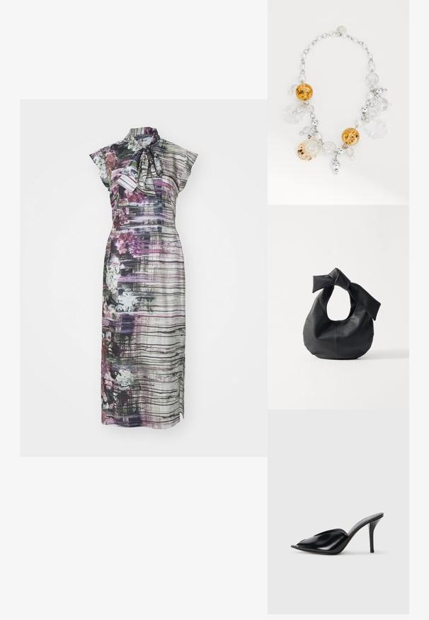 Kukallinen mekko korkealla kauluksella, lyhyet puhvihihat ja solmintatyyli, jossa on pystysuorat raidat violetin, harmaan ja valkoisen sävyissä.; Musta nahkainen korkeakorkoinen mules-malli, avoimella varpaalla, terävä muotoilu, sileä pinta ja kapea stilettokorko.; Musta nahkainen käsilaukku, jolla on pyöreä muoto ja solmittu kahva. Pintakuviointi on kivimäinen, ja pinta on sileä ilman näkyvää metalliosaa.; Kaulaketju, jossa on meripihkaa, kirkasta ja hopeisia helmiä, joissa yhdistyvät pyöreät ja soikeat muodot, yhdistetty hopeaketjulla ja korostettuna helmillä.