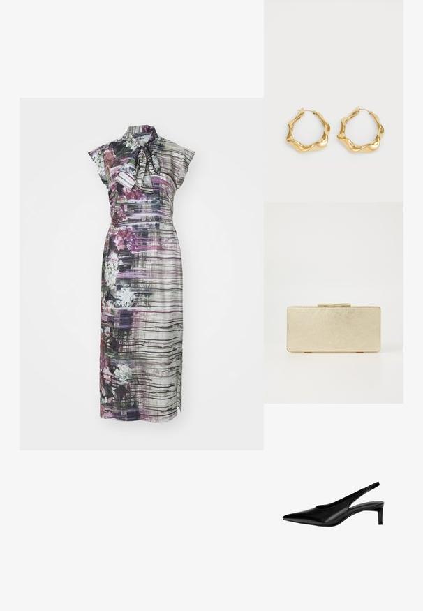 Šaty s kvetinovým vzorom, vysokým golierom, krátkymi rukávmi a detailom na viazanie, s vertikálnymi pruhmi v purpurovej, šedej a bielej farbe.; Čierna kožená slingback obuv s špicatou špičkou, nízkym podpätkom a vyrezávaným dizajnom po stranách. Hladká textura s elegantným vzhľadom.; Zlatá kabelka s hladkým metalickým povrchom, obdĺžnikového tvaru, s jednoduchým zapínaním na sponu. Žiadne viditeľné vzory ani dekorácie.; Zlaté kruhové náušnice s vlnitým, textúrovaným dizajnom. Obsahujú tenké drôtové zapínanie a lesklý, reflexný povrch.
