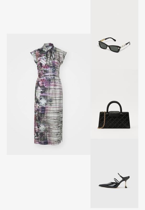 Šaty s květinovým vzorem a vysokým límcem, krátkými rukávy ve stylu cap a detaily vázání, které mají vertikální pruhy v fialové, šedé a bílé barvě.; Černé kožené slingback boty s špičatou špičkou, se dvěma nastavitelnými pásky a kovovým podpatkem. Hladký povrch a minimalistický design.; Swarovski Sluneční brýle - black; Černá kabelka vyrobená z texturované kůže se vzorem diamantů, zlatě tónovaný řetízek, a horní rukojeť s klopou opatřenou embosovaným logem.