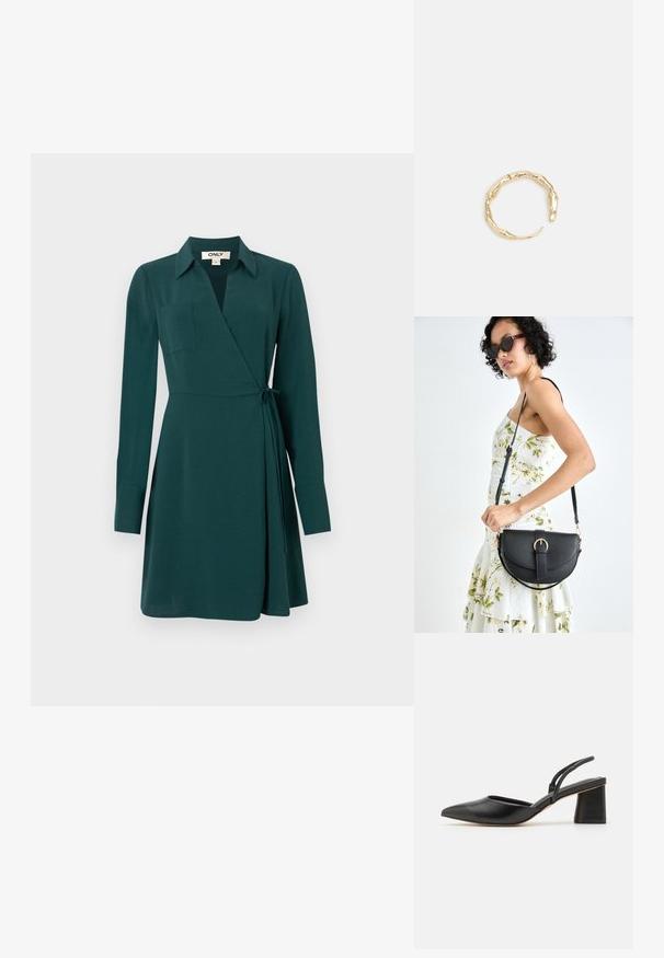 Zelené zavinovacie šaty s dlhými rukávmi, golierom a bočným viazaním. Majú náprsné vrecko a hladký materiál s voľným sukňou.; Čierne sľučkové topánky s ostrou špičkou vyrobené z hladkej kože, s nízkym blokovým podpätkom a tenkými pásikmi vzadu pre bezpečné uchytenie.; Čierna kožená kabelka s zaobleným tvarom, odnímateľným popruhom a zlatými doplnkami. Kabelka má klopu s detailom s prackou.; Prsteň v zlatej farbe s organickým, skrúteným dizajnom, hladkým povrchom a zužujúcimi sa koncami, vytvárajúci moderný, sochársky vzhľad.