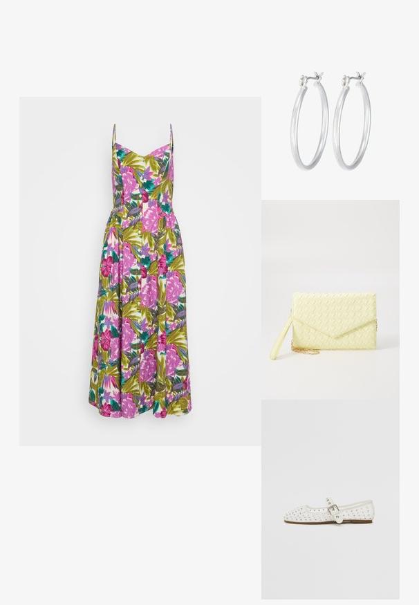 Kvetinové maxi šaty s tenkými ramienkami, ktoré majú živú ružovo-zelenú tropickú potlač, detaily s gombíkmi a priliehavé telo, ktoré prechádza do plnej sukne.; Biele ploché topánky s špicatou špičkou, zdobené striebornými cvočkami, majú pracku cez priehlavok a svetlohnedú podrážku.; Žltý tkaný clutch peňaženka s preklápacím dizajnom, odnímateľným zápästným remienkom a zlatým reťazovým doplnkom. Hladký povrch a obdĺžnikový tvar.; Strieborné kruhové náušnice s hladkým, lesklým povrchom. Kolový tvar a bezpečné klikanie na uzatváranie. Ľahký dizajn vhodný na každodenné nosenie.
