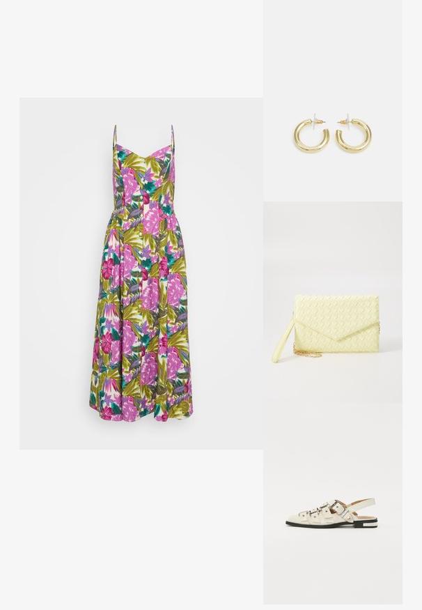 Robe maxi florale à fines bretelles, présentant un imprimé tropical vibrant en rose et vert, des détails de boutons, et un corsage ajusté qui se déploie en une jupe ample.; Sandales à talon ouvert en cuir blanc avec plusieurs larges brides et boucles en argent ; semelle plate avec un petit talon noir et des accents métalliques.; Porte-monnaie tissé jaune avec un design à rabat, une sangle de poignet amovible et un accent en chaîne dorée. Texture lisse et forme rectangulaire.; Boucles d'oreilles en or avec une finition lisse et brillante. Design circulaire présentant un petit clou et une attache transparente pour un port sécurisé.