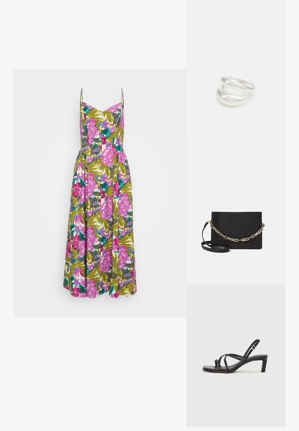 Blomster maxi kjole med tynde stropper, prydet med et livligt pink og grønt tropisk print, knapdetaljer og en tætsiddende overdel, der glider ned i en fuld nederdel.; Sort remsandale med firkantet tå og en lav blokeret hæl. Har flere tynde stropper og en justerbar ankelrem. Fremstillet af glat læder.; Sort læder crossbody taske med en glat tekstur, rektangulær form og en metallisk kæde detalje foran. Justerbar skulderrem inkluderet.; Sølvring med dobbeltbånd og en glat, poleret overflade. Den har et flydende, buet design med overlappende sektioner for et moderne udtryk.