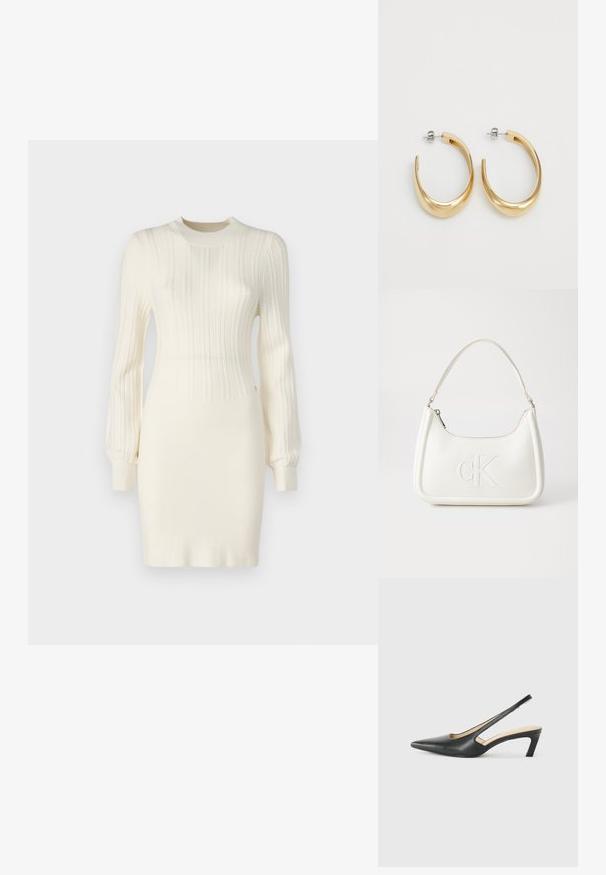 Pletena obleka v kremni barvi z rebrasto teksturo, z dolgimi rokavi, prilegajočo silhueto in okroglo ovratnico. Poudarjena z diskretno obdelavo.; Črne čevlje s koničastimi nosovi in slingback obliko z nizko peto, izdelane iz gladke usnjene materiale ter s črtasto zasnovo na strani za prezračevanje.; Bela usnjena torbica s ukrivljeno obliko, ki na sprednji strani nosi vžgano logo "CK" in ima eno naramnico. Zadrga za zapiranje na vrhu.; Zlate uhani v obliki obroča z gladkim, ukrivljenim dizajnom. Narejeni so iz kovine, z elegantno površinsko obdelavo in zapiranjem na bakreni sistem.