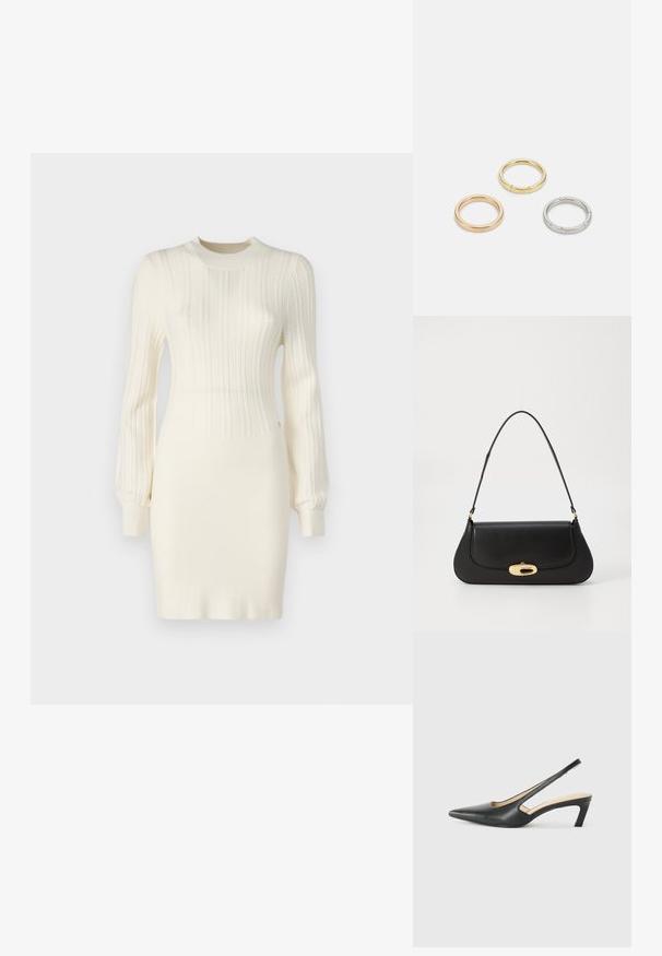 Trikotažna haljina u krem boji s rebrastom teksturom, dugih rukava, uskog kroja i okruglog izreza. Naglašena suptilnim detaljima.; Crne cipele s izduženim vrhom i remenom oko pete, s niskom petom, izrađene od glatke kože i s izrezbarenom stranom radi prozračnosti.; Crna kožna torba s zakrivljenim dizajnom, zlatnim detaljima i gornjom drškom. Ima elegantno zatvaranje i glatku teksturu.; Tri metalne prstenove: jedan od rose zlata, jedan od zlata s teksturiranim akcentima i jedan od srebra, svi s ugraviranim logotipom na unutarnjoj strani.