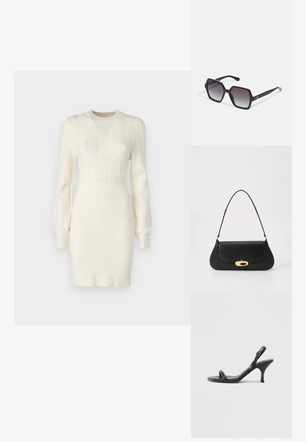 Robe en tricot crème avec texture côtelée, dotée de manches longues, d'une silhouette ajustée et d'un col rond. Agrémentée de détails subtils.; Sandales à talons hauts en cuir noir avec un talon fin et courbé et un design de brides croisées. Bride de cheville réglable. Texture lisse.; Lunettes de soleil hexagonales noires avec des verres dégradés, dotées d'une finition brillante et d'un marquage subtil sur la branche. Construction en plastique durable.; Sac à main en cuir noir avec un design incurvé, matériel doré et une poignée sur le dessus. Présente une fermeture élégante et une texture lisse.