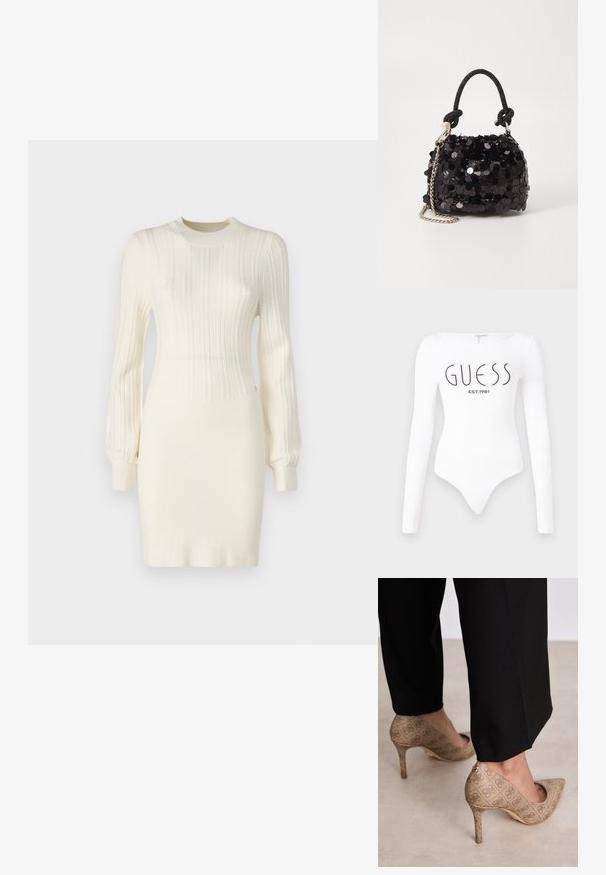 Kreminė megzta suknelė su banguota tekstūra, ilgomis rankovėmis, prigludusia siluetu ir apvaliu kaklu. Papuošta subtiliais akcentais.; Baltos ilgomis rankovėmis bodis su apvaliu iškirpimu. Priekyje juodu spalva yra atspausdinta "GUESS" logotipas ir "EST.1981". Lygus paviršius.; Smėliniai aukštakulniai bateliai su tekstūruotu audiniu, kuriame yra pasikartojanti tekstūra. Išgaubtas pirštas, su užpakaline akcentu ir auksiniu kulno detaliu.; Juodas blizgučių mini rankinukas su mazguotu tekstūruotu dirželiu ir sidabro grandine. Suapvalinta forma su susiraukšlėtopu ir atspindinčiomis detalėmis.