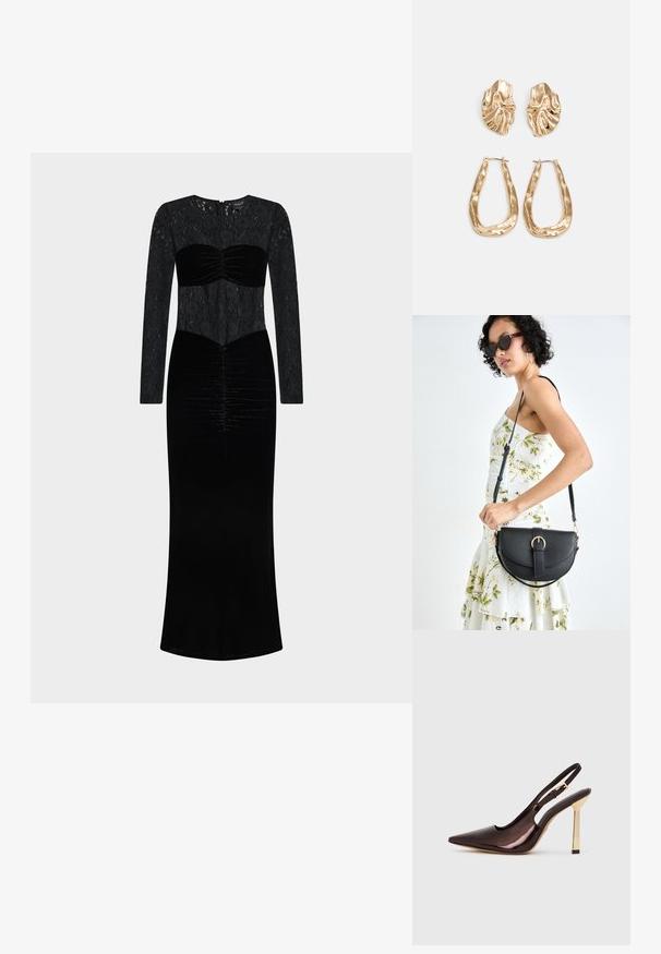 Black dress featuring a lace long-sleeve top and velvet bodice with ruched detailing. Floor-length with a straight silhouette.; Brown patent leather slingback high heel shoe with pointed toe and shiny gold metallic heel against white background.; Black leather handbag with a curved shape, detachable strap, and gold hardware. The bag features a flap with a buckle detail.; Gold-tone earrings featuring textured, wavy shapes. Includes sculptural clip-on studs and open hoop design with a hammered finish.