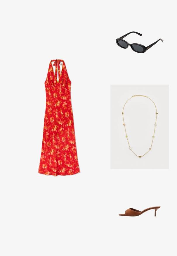 Rotes florales Sommerkleid mit Halterneck-Design, featuring einem taillierten Oberteil und fließendem Rock, aus leichtem Stoff mit glatter Textur.; Braune Wildleder-Pantoletten mit offenen Zehen und einem geschwungenen Design, ausgestattet mit einem niedrigen Stiletto-Absatz und glatten, minimalistischen Linien.; Schwarze, oversized Sonnenbrillen mit ovalen Gläsern, glattem Kunststoffrahmen und goldenen Akzenten an den Bügeln. Die dunklen Gläser bieten Sonnenschutz.; Goldene Kettenhalskette mit abwechselndem Edelsteinen in Hellgrün, Rosa und Klar. Jeder Stein ist in einer kreisförmigen Zargenfassung eingesetzt.