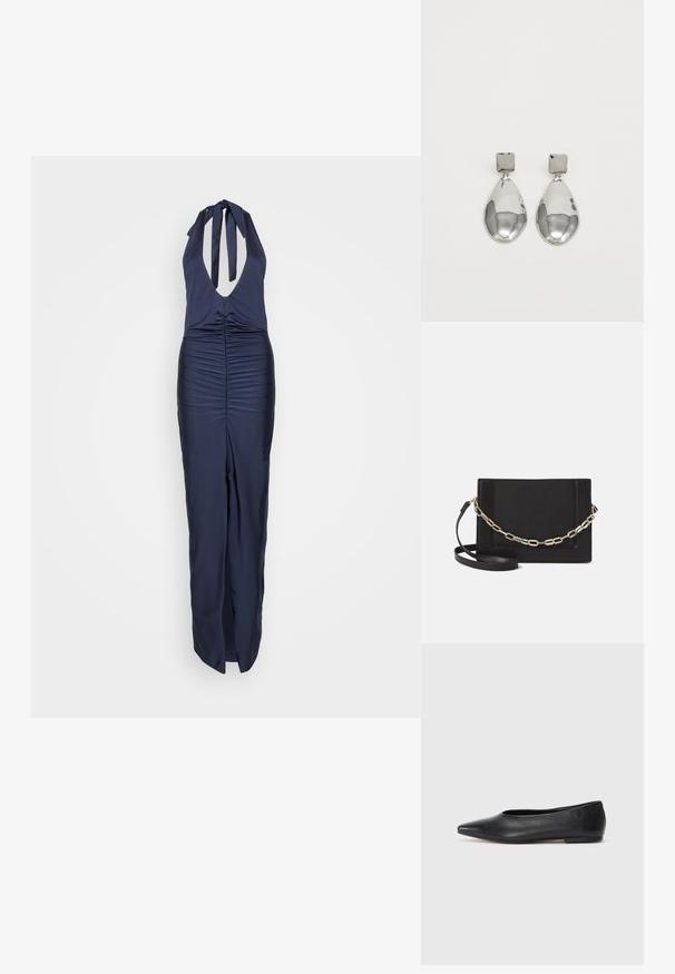 Tamnoplavi halter kombinezon s dubokim V-izrezom i nabranoj tkanini na struku, s širokim nogavicama i glatkom teksturom.; Crne kožne balerinke, uski vrh, minimalistički dizajn, glatka tekstura, niska peta, bez vidljivih dodataka ili ukrasa.; Crna kožna torba preko tijela s glatkom teksturom, pravokutnim oblikom i metalnim lancem na prednjoj strani. Uključena je podesiva naramenica.; Srebrne naušnice u obliku kapi s kvadratnom kopčom, koji imaju glatku, sjajnu završnu obradu i oblik suze, odražavajući svjetlost s sjajnom površinom.