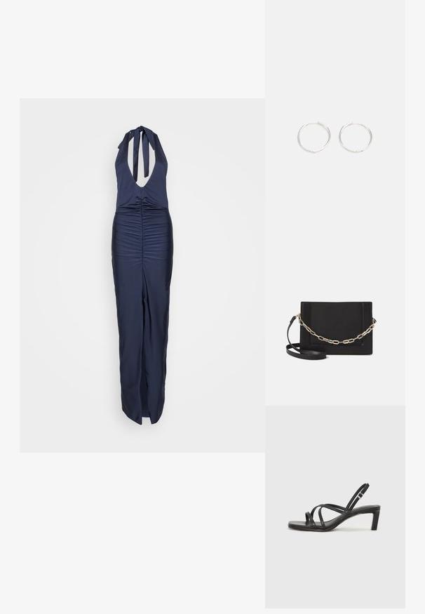 Salopetă bleumarin cu bretele halter, cu decolteu adânc în V și detalii de țesătură strânsă la talie, având picioare largi și o textură netedă.; Sandal cu barete negre, cu vârf pătrat și toc mic de bloc. Prezintă mai multe barete subțiri și o bareta ajustabilă la gleznă. Fabricat din piele netedă.; Geantă de umăr din piele neagră, cu o textură netedă, formă rectangulară și un detaliu din lanț metalic în față. Include curea reglabilă.; Cercei din argint cu un design elegant și rotund, având o suprafață netedă și fără embellismente vizibile. Diametrul nu este specificat.