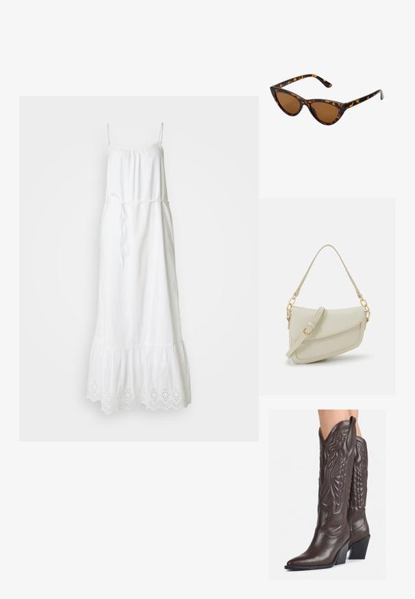 Robe maxi blanche sans manches avec bretelles spaghetti réglables, ceinture à la taille et bordure en broderie à l'ourlet, fabriquée en tissu léger.; Bottes de cowboy en cuir marron avec un bout pointu et un talon bloc, présentant des coutures détaillées et des accents en relief sur la tige.; Lunettes de soleil style œil de chat avec une monture en écaille de tortue noire et orange, verres marron et pointes effilées et élégantes. Présente un logo minimaliste sur la branche.; Petit sac à main crème avec une finition texturée, une longue sangle réglable, un accent en chaîne et une fermeture à rabat. Détails en matériel doré.