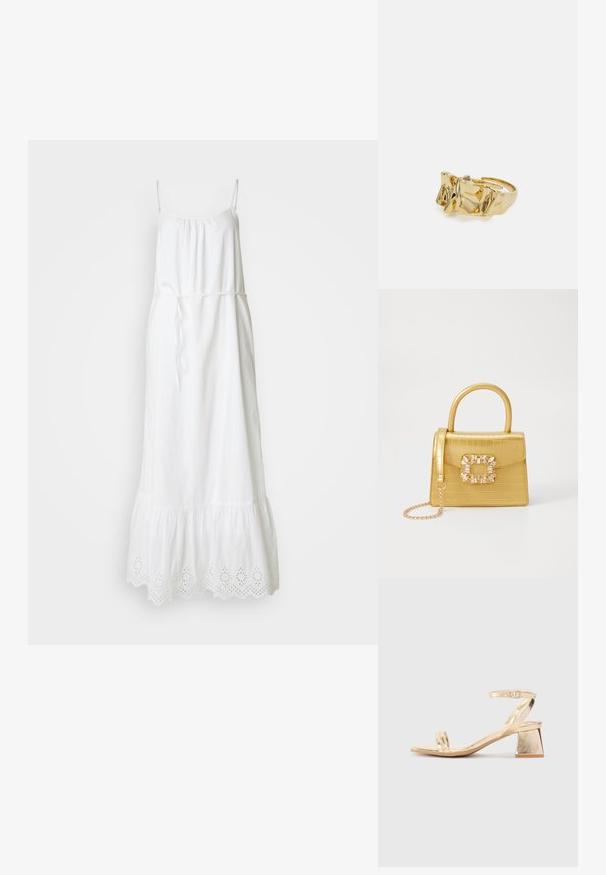 Valge, ilma varrukateta maxi kleit reguleeritavate spaghetti rihmadega, vöökohtadega ja tikitud silmadega ääristusega allääres, valmistatud kerge kangaga.; Kuldmetalliline kontsaga sandaal, millel on nurkadega plokk-konts, kaks riba jala peal ja reguleeritav pahkluu rihm. Sujuv tekstuur.; Kollane faux-krokodilli käsipindaga kott, millel on struktureeritud disain, ülemine käepide, eemaldatav kettmass ja dekoratiivne kristallkaunistus klambril.; Kuldne sõrmus tekstureeritud, lainelise disainiga, millel on kolm silmapaistvat tippu. Sile, läikiv pind ja avatud riba, mis võimaldab reguleeritavat sobivust.