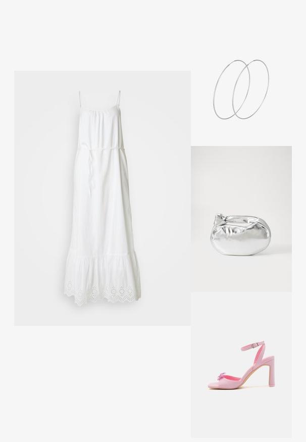 Robe maxi blanche sans manches avec bretelles spaghetti réglables, ceinture à la taille et bordure en broderie à l'ourlet, fabriquée en tissu léger.; Sandale à talons hauts rose avec bride de cheville, en cuir lisse, à bout ouvert et ornée de fleurs sur le dessus.; Pochette en métal argenté avec une forme douce et arrondie et un fermoir en haut noué. Fabriquée en simili cuir lisse.; Boucles d'oreilles en argent au design minimaliste. Forme circulaire, texture lisse et profil fin. Légères avec une finition polie.