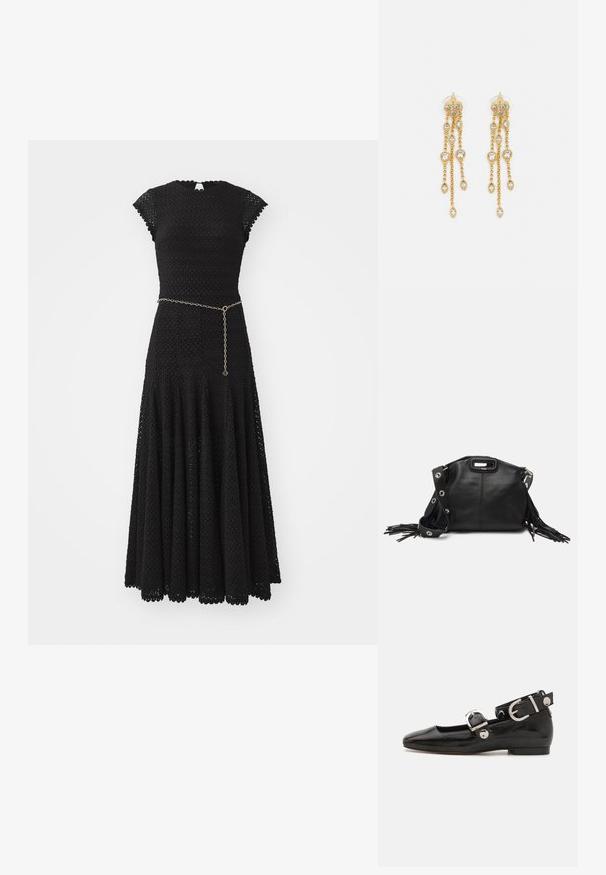Juoda suknelė su trumpomis kaspinėmis, tekstūruota medžiaga, prigludusi liemens dalis ir išsiplėtusi sijoninė dalis. Yra dekoratyvi grandinėlė diržui liemens vietoje.; Juodas lakinės odos plokščias batelis su kvadratiniu pirštu, kulkšnies dirželiu su sidabro detalėmis ir plokščiu padu. Sklandus paviršius su minimalistišku dizainu.; Maje MISS MINI - Rankinė per petį - noir; Aukso spalvos auskarai su keliais kaskadiniais grandinėlėmis, su skaidriais ovaliais kristalų akcentais ir dekoratyviniais auskarų priekiais.