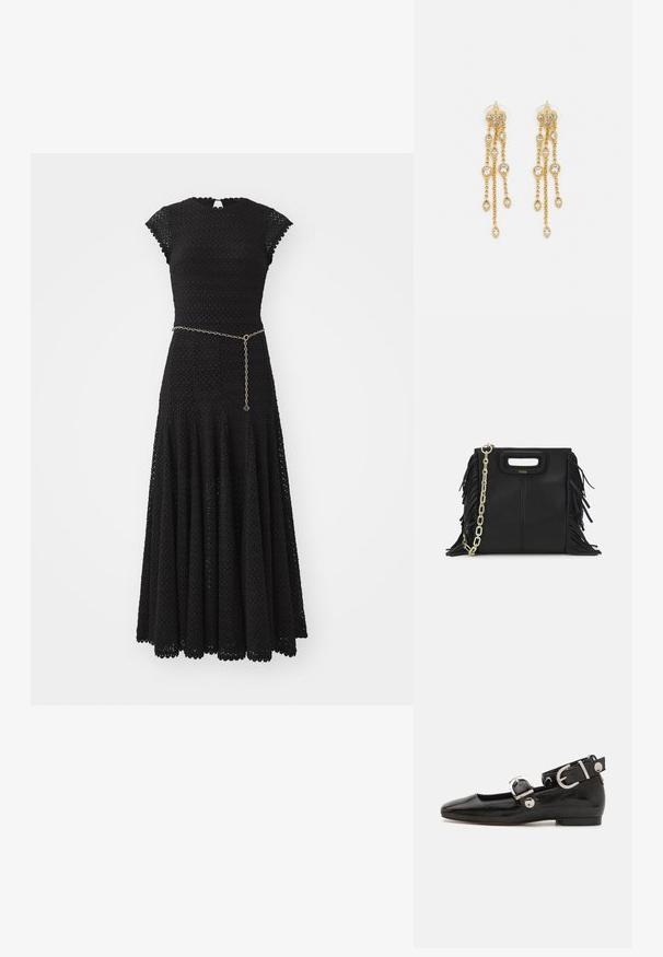 Crna haljina s kratkim kapicama, teksturiranom tkaninom, uskim korzetom i lepršavom suknjom. Ima dekorativni lančić oko struka.; Crne lakirane balerinke sa četvrtastim vrhom, remenom oko zapešća sa srebrnim detaljima i ravnim đonom. Glatka tekstura s minimalističkim dizajnom.; Crna kožna torba s resicama, zlatnim lančićem za rame i rukohvatom u obliku izreza. Sadrži logo na prednjoj strani.; Zlatne naušnice s višestrukim kaskadnim lancima, s prozirnim ovalnim cirkonima i dekorativnim šiljcima na vrhu.