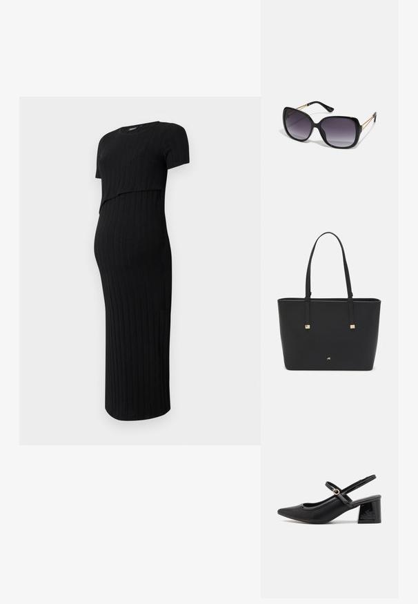 Melna grūsnību kleita, izgatavota no ribota auduma. Izturīga dizaina ar īsām piedurknēm un līkumu apakšmalu, piemērota augošai vēderi.; Melns patentēts ādas sandales ar norādīta pirksta formu, noapaļotu izgriezuma dizainu un bloķētu papēdi. Iezīmēta ar zelta toņa sprādzi.; Melni pārmērīgi lieli saulesbrilles ar gradāciju lēcām, biezām rāmja malām un zeltainas krāsas ķēžu detaļām uz tempļiem.; Melnā somiņa, kas izgatavota no sintētiska materiāla, ar vienkāršu taisnstūra formu, zelta kvadrātveida akcentiem un divām rokturiem.