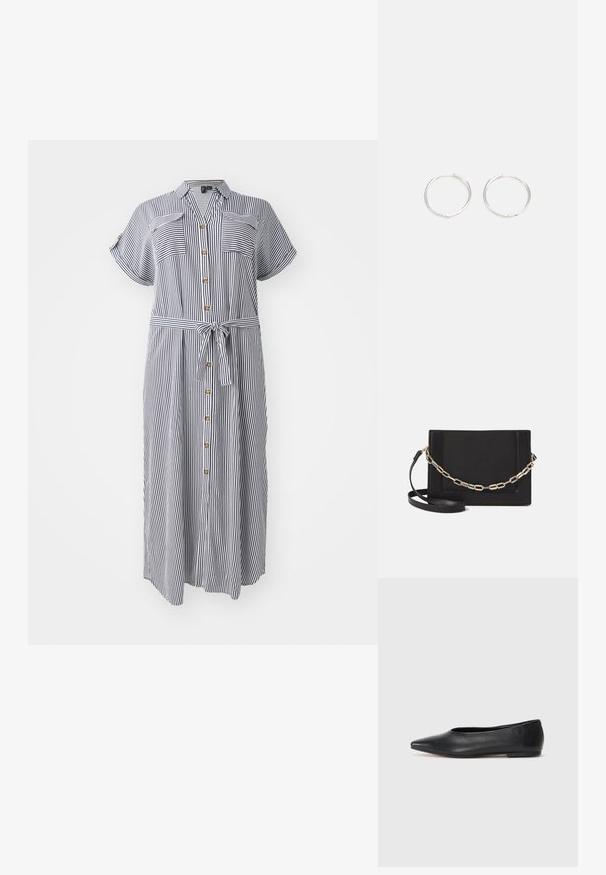Rochie cu dungi, cu nasturi, cu mâneci scurte, o curea la talie și două buzunare la piept. Culorile includ bleumarin și alb.; Balerini din piele neagră, vârf ascuțit, design minimalist, textură netedă, toc de mică înălțime, fără hardware sau embellishments vizibile.; Geantă de umăr din piele neagră, cu o textură netedă, formă rectangulară și un detaliu din lanț metalic în față. Include curea reglabilă.; Cercei din argint cu un design elegant și rotund, având o suprafață netedă și fără embellismente vizibile. Diametrul nu este specificat.