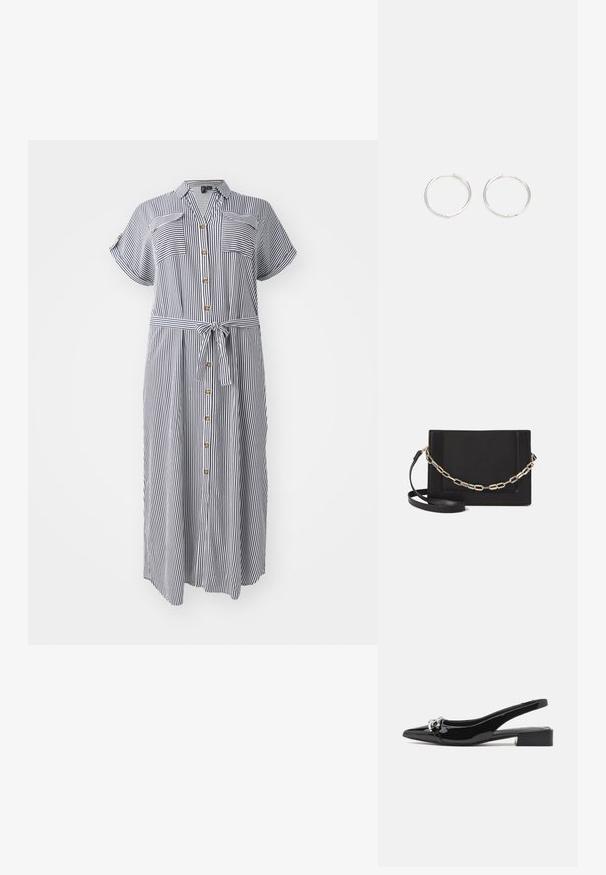 Svītrains, pogājams kleitas modelis ar īsām piedurknēm, jostu viduklī un divām krūšu kabatām. Krāsas: tumši zila un balta.; Melnas lakotas ādas slingback kurpes ar norādītu purngalu, sudraba aksesuāru detaļu un zemu blokveida papēdi. Gluda, spīdīga tekstūra visā apavā.; Melna ādas crossbody soma ar gludu faktūru, taisnstūrveida formu un metalizētu ķēdes detaļu priekšā. Iekļauta regulējama siksna.; Sudraba riņķa auskari ar elegantu, apaļu dizainu, kas izceļas ar gludu virsmu un bez redzamām rotājumām. Diametrs netiek norādīts.