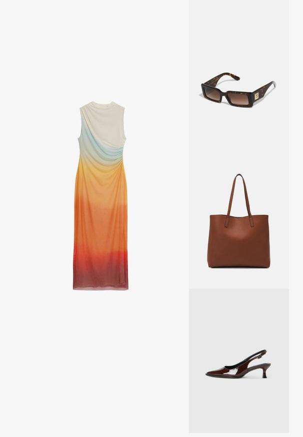 Rankas neturinti suknelė su drapiruotu dizainu, turinti ombre gradientą iš šviesiai mėlynos į oranžinę ir raudoną, pagaminta iš švelnios, lengvos medžiagos.; Rudos lakuoti odiniai slingback batai su smailiu pirštu ir vidutinio aukščio kulnu. Yra sagties dirželis, užtikrinantis tvirtą prigludimą. Lygus paviršius.; Žvyneliai akiniai nuo saulės su stačiakampiais rėmeliais, rudais gradientiniais lęšiais ir auksiniu akcentu ant šventyklos. Lygi plastiko medžiaga.; Ruda odinė priekabų krepšys su glotnia tekstūra, atviru viršumi ir dviem petnešomis. Su minimalia siuvimo detalėmis ir nematoma aparatūra.