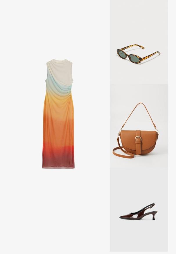 Ärmelloses Kleid mit drapiertem Design, das einen Ombre-Verlauf von hellblau zu orange und rot aufweist, aus weichem, leichtem Stoff gefertigt.; Braune Lackleder-Slingback-Schuhe mit spitzer Zehe und moderatem Absatz. Mit einem Schnallenriemen für einen sicheren Sitz. Glatte Textur.; Schildpatt-Sonnenbrille mit ovalen Rahmen, dunklen grünen Gläsern und schlanken Bügeln. Mit einem dezenten Logo auf dem Bügel.; Braune Leder-Crossbody-Tasche mit geschwungener Form, goldfarbenen Beschlägen und einer Schnallenakzentuierung. Verfügt über einen abnehmbaren Schultergurt.