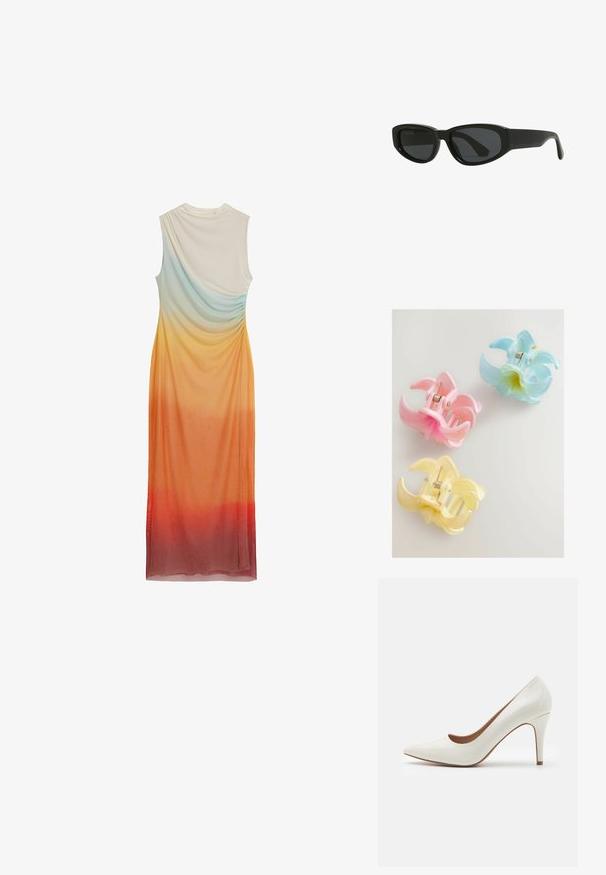 Rankas neturinti suknelė su drapiruotu dizainu, turinti ombre gradientą iš šviesiai mėlynos į oranžinę ir raudoną, pagaminta iš švelnios, lengvos medžiagos.; Baltos lakuotos odinės aukštakulnės bateliai su smailiu nosiu ir lygiu paviršiumi, turintys liesą kulną ir žemą iškirpimą aplink atidarymą.; Juodos akinių nuo saulės su elegantišku, kampuotu dizainu. Pagaminti iš plastiko, su tamsiais stiklais ir lygiu, blizgiu paviršiumi. Nėra ypatingų akcentų.; Tris plastikiniai plaukų segtukai pastelinėmis spalvomis: rožinė, geltona ir mėlyna, formos kaip gėlių žiedlapių, su spyruoklinio mechanizmo sistema ir blizgiu paviršiumi.