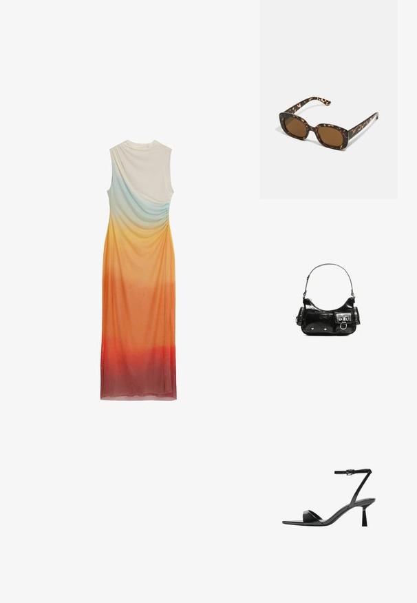 Ujjatlan ruha lágy, drapált dizájnnal, világoskék és narancssárga, valamint piros árnyalatokból álló ombre gradienssel, puha, könnyű anyagból készült.; Bershka Magas sarkú szandálok - black; Teknősbéka mintázatú napszemüveg kerek, vastag kerettel és barna lencsékkel. Finom mintázattal és egyenes, keskenyedő szárakkal rendelkezik.; Fekete lakkbőr kézitáska ívelt formával, egy vállpánttal, elülső zsebekkel és ezüstszínű fémrészletekkel.