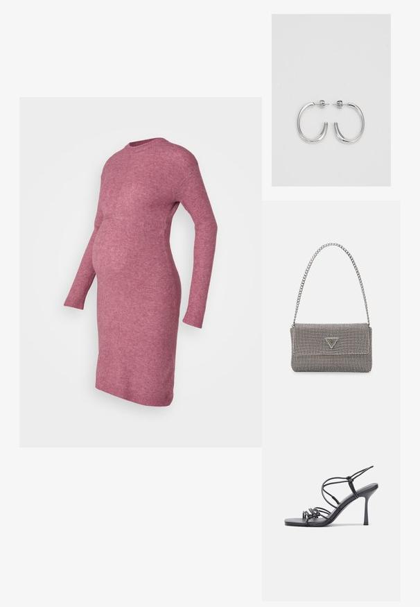 Neulottu, pitkähihainen äitiysmekko pehmeästä, teksturoidusta ruusunsävyisestä kankaasta, jossa on istuva yläosa ja lievä levennys helmassa.; Mustat korkokengät sandaalit, joissa on ohuet hihnat solmittuna, sileä neliön muotoinen varvasosa ja tyylikäs stiletto-korko.; Vaalea harmaa metallinen käsilaukku, jossa on ketjusanka. Laukku on koristeltu pienillä pyöreillä metallikoruilla ja kolmion muotoisella brändilogolla.; Hopeiset korvarenkaat, joissa on sileä ja kiiltävä pinta, kaareva muoto ja piikkikiinnitys. Minimalistinen muotoilu modernilla viimeistelyllä.