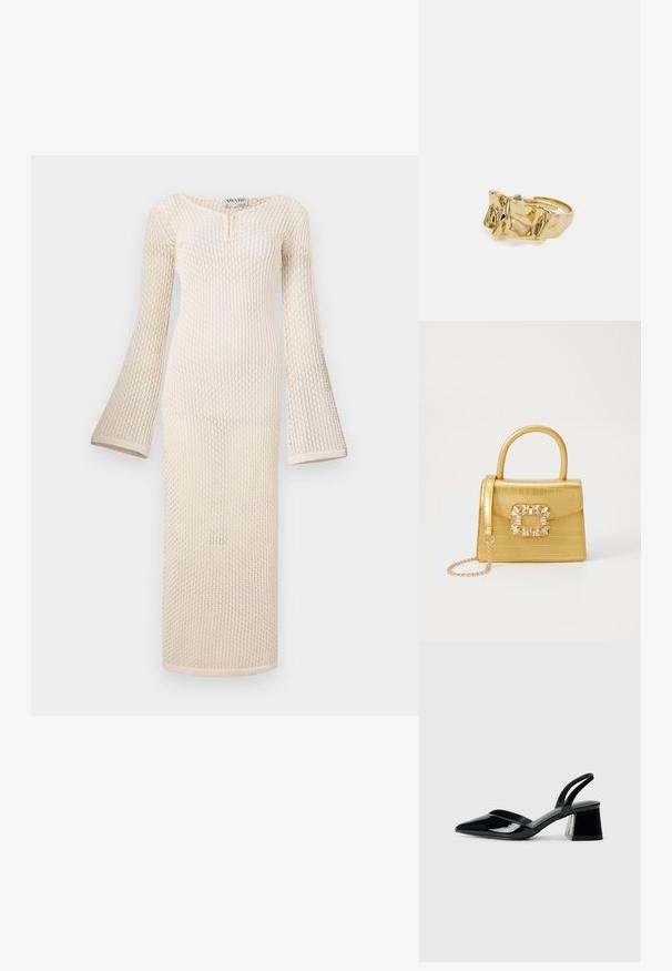 Långärmad, krämfärgad stickad klänning med ett texturerat mönster, med henleykrage och utsvängda ärmar, som når till mitt på vaden.; Svarta lackläder slingback klackar med spetsig tå och geometrisk klack. Har en elegant, minimalistisk design och slät yta.; Gul faux-krokodilhandväska med en strukturerad design, topphandtag, avtagbar kedjesladd och dekorativa kristalldekorationer på klämman.; Guldring med texturerad, vågig design som har tre framträdande toppar. Slät, glänsande yta med en öppen band för justerbar passform.