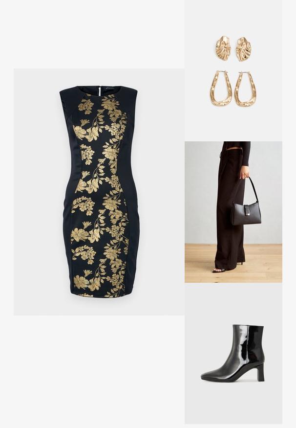 Černé bezramínkové šaty s dekorativní zlatou výšivkou květin. Přiléhavý střih s kulatým výstřihem a skrytým zipem na zadní straně.; Černé lakované kotníkové boty s špičatou špičkou a středně vysokým blokovým podpatkem. Hladká textura a minimalistický design.; Černá kabelka se strukturovaným tvarem, hladkým povrchem a kovovým uzávěrem. Kombinována s širokými černými kalhotami a sandály s otevřenou špičkou na dřevěné podlaze.; Náušnice ve zlatém tónu s texturovanými, vlnitými tvary. Obsahují sochařské klipy a design otevřeného kruhu s kladivkovým povrchem.