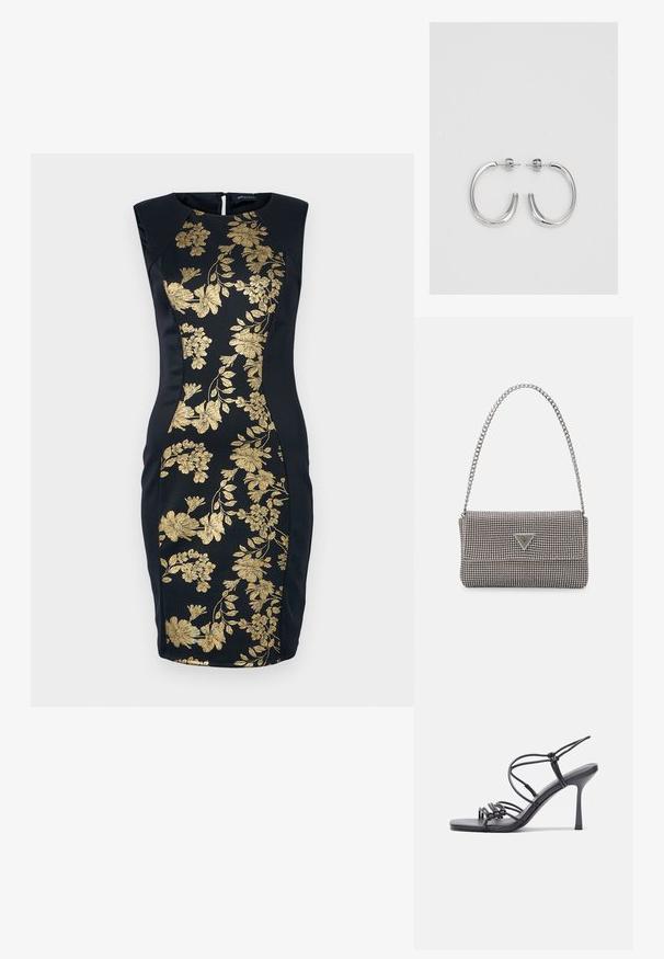 Schwarzes ärmelloses Kleid mit goldener Blumenstickerei. Figurbetontes Design mit Rundhalsausschnitt und verdecktem Reißverschluss auf der Rückseite.; Schwarze, hochhackige Sandalen mit dünnen Riemen und einem geknoteten Design, einer glatten, rechteckigen Zehenpartie und einem eleganten Stiletto-Absatz.; Hellegraue metallische Handtasche mit einer Kettenriemen, verziert mit kleinen kreisförmigen metallic Nieten und einem dreieckigen Markenlogo.; Silberne Creolen mit einer glatten, glänzenden Oberfläche. Abgerundete Form, leichtes Design, mit einer Steckverschluss.
