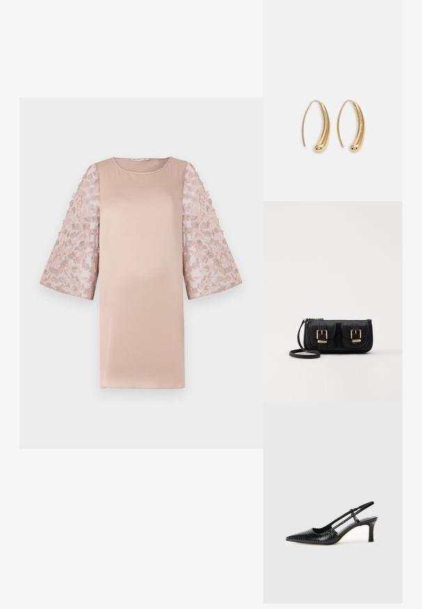 Hele roosa kleit solide bodice'i ja läbipaistvate lillelise pitsist varrukatega. Omab ümmargust kaelust ja vaba lõiget, rõhutades elegantset disaini.; Mustmust paelad, millel on terav varvas, tekstuuriga maduprindiga, reguleeritav rihm ja lühike tekstuuriga plokknina.; Must küllastamata nahast õlakott, millel on kaks esist nähtavat taskut, kuldsed pandlad, tõmblukuga sulgemine ja peen rihm. Tekstuuriga pind ja kompaktne ristkülikukujuline kuju.; Kuldtoonilised metallist rõngas kõrvarõngad, millel on kõver ja piklik kuju. Omavad siledat, läikivat pinda ja ümarat tipptugevdust, mis lisab detaili.