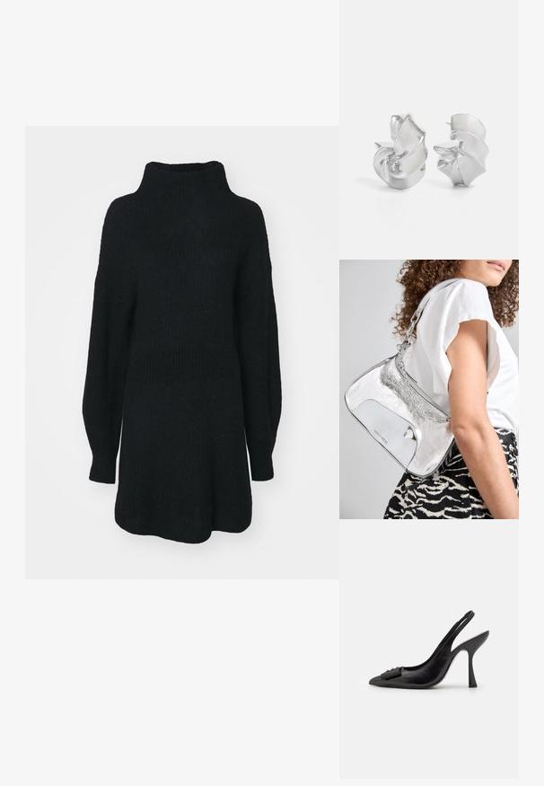Mustat neulotut villapaidat, joissa on korkea kaulus, pitkät hihat ja rento malli. Teksturoitu kangas, löysä siluetti ja ilman näkyviä kuvioita.; Musta nahka slingback-kengät, joissa on terävä kärki, kapea korko ja koristeellinen rusetti. Sileä pinta ja tyylikäs muotoilu.; Hopeinen metallinen olkalaukku, jossa on sileä pinta, kaareva muotoilu, ketjuolkaimet ja kiiltävä etupaneeli, jossa on hienovarainen logon kaiverrus.; Hopeakorvakorut, joissa on virtaava, spiraalimainen muotoilu. Sileä pinta, jossa on kiiltävä viimeistely. Ominaisuuksina hienovarainen kiilto ja ei näkyviä koristeita.