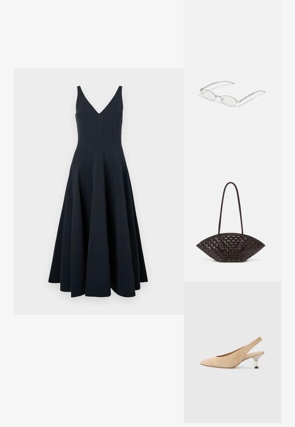 Tengerészkék ujjatlan ruha V-nyakkivágással, harangszoknya fazonnal és függőleges varrásokkal, sima textúrával és bokáig érő szegéllyel.; Beige bőrből készült slingback cipő hegyes orral és átlátszó, kerek sarokkal. Simás textúra és minimalista forma.; Ovális szemüveg fém ezüst kerettel, átlátszó lencsékkel és texturált gyöngyös szárakkal. Könnyű kialakítás ívelt karokkal.; THEMOIRè OLIMPIA - Kézitáska - fondant