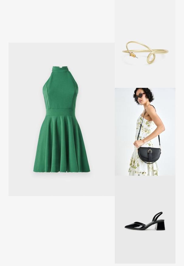 Zelené halter šaty vyrobené z hladkej, elastickej látky. Priliehavý korzet s rozšírenou sukňou, s vysokým výstrihom a naberaním.; Čierne lakované kožené sandálové podpätky s špicatou špičkou a geometrickým blokovým podpätkom. Disponujú elegantným, minimalistickým dizajnom a hladkým povrchom.; Čierna kožená kabelka s zaobleným tvarom, odnímateľným popruhom a zlatými doplnkami. Kabelka má klopu s detailom s prackou.; Náušnica zo zlato sfarbeného kovu s plynulým, zakriveným dizajnom. Na jednom konci je malý, výrazný strieborný akcent.
