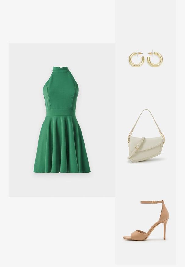 Zeleno halter haljina napravljena od glatkog, rastezljivog materijala. Uskladjeno tijelo s lepršavom suknjom, s visokim dekolteom i naboranim detaljima.; ALDO CRERIDE PILLOW WALK - Sandale - beige; Mala krem torbica s teksturiranim finišom, dugačkim podesivim remenom, lančanim detaljem i preklopom. Zlaćani hardver.; Zlatne kružne naušnice s glatkom, sjajnom završnom obradom. Kružni dizajn s malom potporom i prozirnom podlogom za sigurno nošenje.