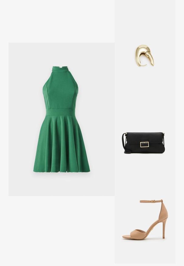 Zeleno halter haljina napravljena od glatkog, rastezljivog materijala. Uskladjeno tijelo s lepršavom suknjom, s visokim dekolteom i naboranim detaljima.; ALDO CRERIDE PILLOW WALK - Sandale - beige; Crna kožna clutch torbica s preklopom i zlatnim metalnim detaljem kopče. Uključuje crnu trakicu i elegantan, minimalistički dizajn.; Zlatne metalne naušnice s elegantnim, zakrivljenim dizajnom. Imaju karakterističan šiljast oblik, poliranu površinu i zatvaranje na šarku.