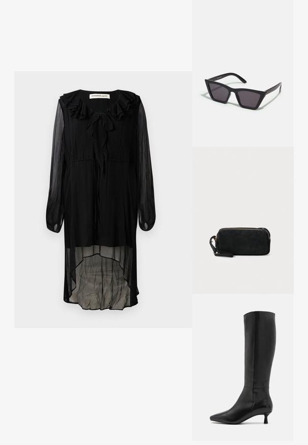 Černé šifónové šaty s volánkovým výstřihem, dlouhými rukávy a asymetrickým hemem. Obsahují stahování na krku a lehký, průsvitný materiál.; Zign Vysoká obuv - black; Černé, ostré sluneční brýle s šedými skly; vyrobené z plastu, s mohutnými rameny a hladkým povrchem bez viditelného hardwaru.; Černá semišová kabelka na ruku se zipovým uzávěrem a odnímatelným zápěstním řemínkem. Vybaveno zlatými kovovými detaily a hladkým, matným povrchem.